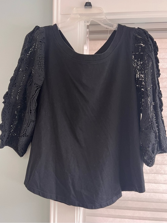 Anthropologie Tops - Anthropologie Black Lace Puff-Sleeve Tie-Back Top